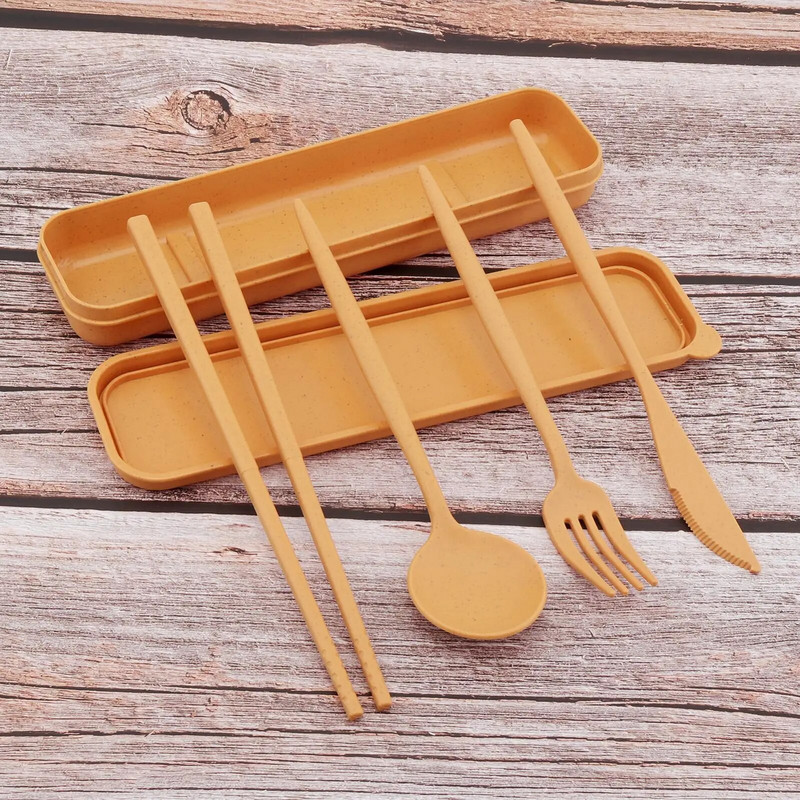 5 buc/set set portabil de tacâmuri de călătorie cu paie de grâu pentru călătorii, prânz la școală, picnic, camping, utilizare zilnică cu cutie de veselă