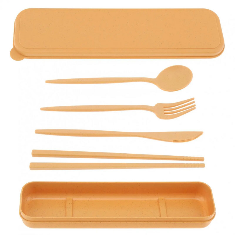 5 buc/set set portabil de tacâmuri de călătorie cu paie de grâu pentru călătorii, prânz la școală, picnic, camping, utilizare zilnică cu cutie de veselă
