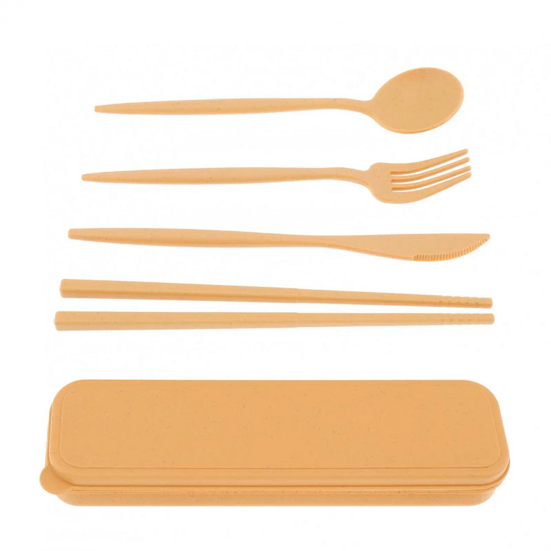 5 buc/set set portabil de tacâmuri de călătorie cu paie de grâu pentru călătorii, prânz la școală, picnic, camping, utilizare zilnică cu cutie de veselă