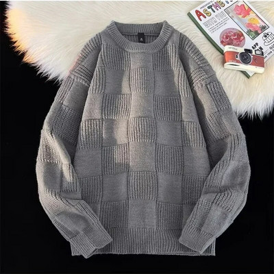 Utcai ruházat csíkos pulóverek Egyszerű bő, O-nyakú kötött pulóver új őszi hosszú ujjú férfi felső tömör kötött pulóver férfi divat