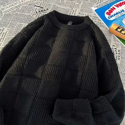 Utcai ruházat csíkos pulóverek Egyszerű bő, O-nyakú kötött pulóver új őszi hosszú ujjú férfi felső tömör kötött pulóver férfi divat