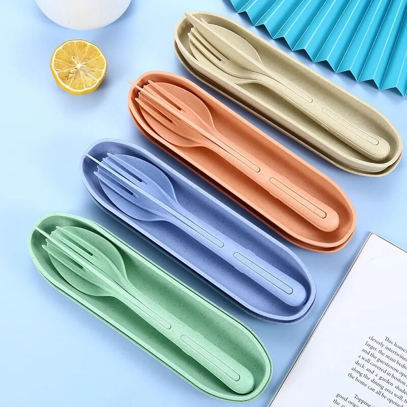 Kviešu salmu galda piederumu komplekts Videi draudzīgs 3in1 galda piederumi piknika galda piederumi biroja skolai pārnēsājams mazs galda piederumu kempinga galda piederumu komplekts