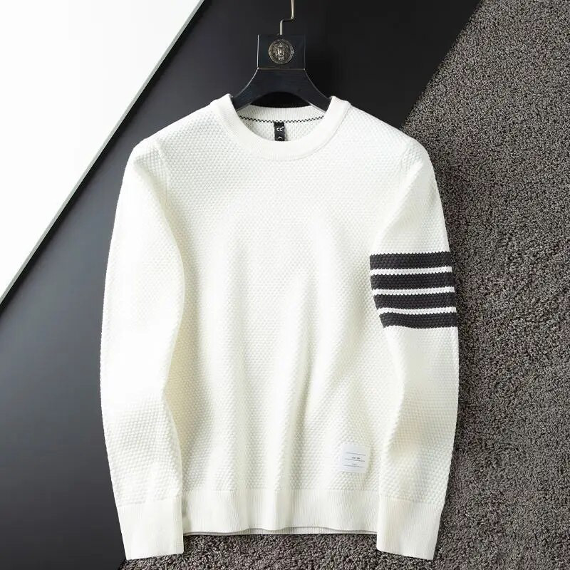 Augstas kvalitātes četrsvītrains dizainera biezs ziemas silts ananāsu režģis balts džemperis ar apaļu apkakli Vīriešu plāni ikdienas modes džemperi