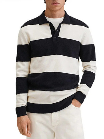 Λευκό μαύρο ριγέ πλεκτό πόλο ανδρικό πουλόβερ φθινόπωρο 2023 Μόδα casual ανδρικά ρούχα Μακρυμάνικα τουρνουά γιακά μπλουζάκια
