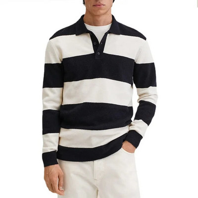 Λευκό μαύρο ριγέ πλεκτό πόλο ανδρικό πουλόβερ φθινόπωρο 2023 Μόδα casual ανδρικά ρούχα Μακρυμάνικα τουρνουά γιακά μπλουζάκια