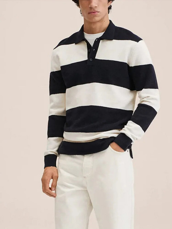 Λευκό μαύρο ριγέ πλεκτό πόλο ανδρικό πουλόβερ φθινόπωρο 2023 Μόδα casual ανδρικά ρούχα Μακρυμάνικα τουρνουά γιακά μπλουζάκια