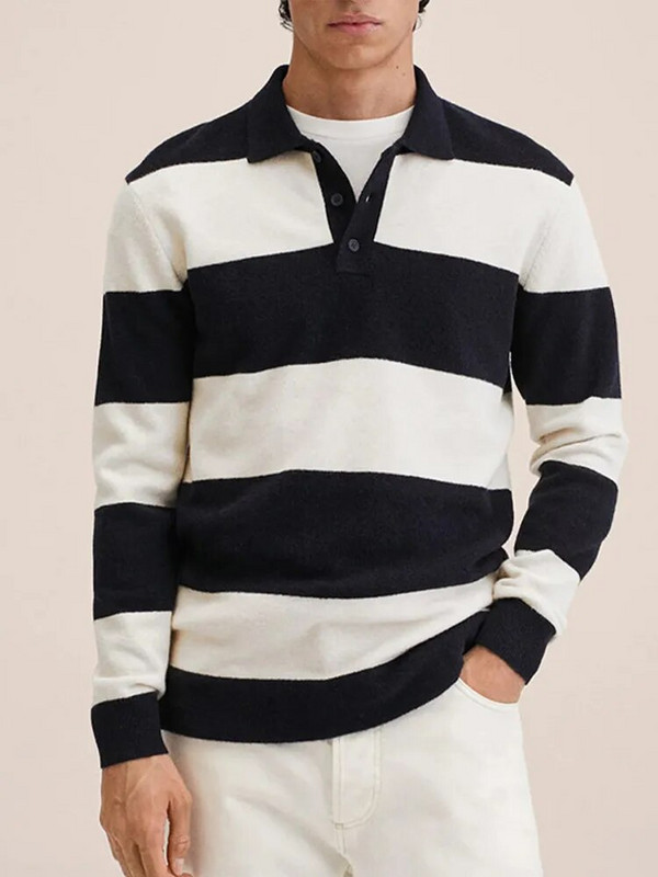 Λευκό μαύρο ριγέ πλεκτό πόλο ανδρικό πουλόβερ φθινόπωρο 2023 Μόδα casual ανδρικά ρούχα Μακρυμάνικα τουρνουά γιακά μπλουζάκια