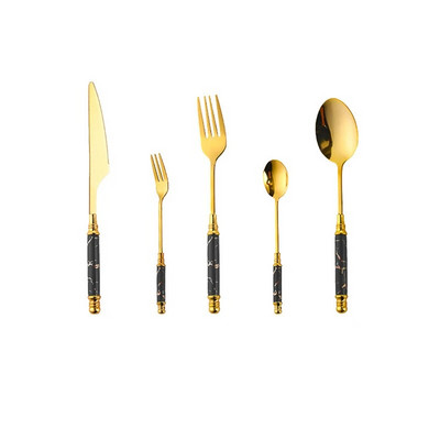 5 db arany rozsdamentes acél evőeszköz evőeszköz készlet Smaragd márvány kerámia fogantyú kés villa teáskanál étkészlet