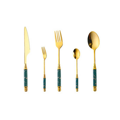 5 db arany rozsdamentes acél evőeszköz evőeszköz készlet Smaragd márvány kerámia fogantyú kés villa teáskanál étkészlet