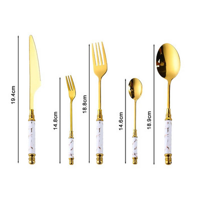 5 db arany rozsdamentes acél evőeszköz evőeszköz készlet Smaragd márvány kerámia fogantyú kés villa teáskanál étkészlet