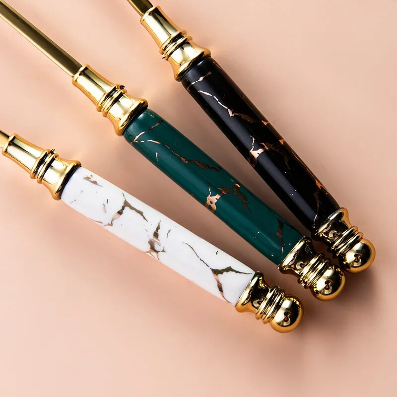 5 db arany rozsdamentes acél evőeszköz evőeszköz készlet Smaragd márvány kerámia fogantyú kés villa teáskanál étkészlet