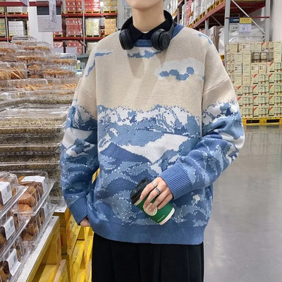 Rudens un ziemas jauni džemperi vīriešu Baiyun sniega kalnu raksta trikotāža, biezināta daudzpusīga stila pāris brīvs trikotāžas krekls