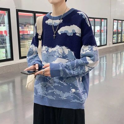 Rudens un ziemas jauni džemperi vīriešu Baiyun sniega kalnu raksta trikotāža, biezināta daudzpusīga stila pāris brīvs trikotāžas krekls