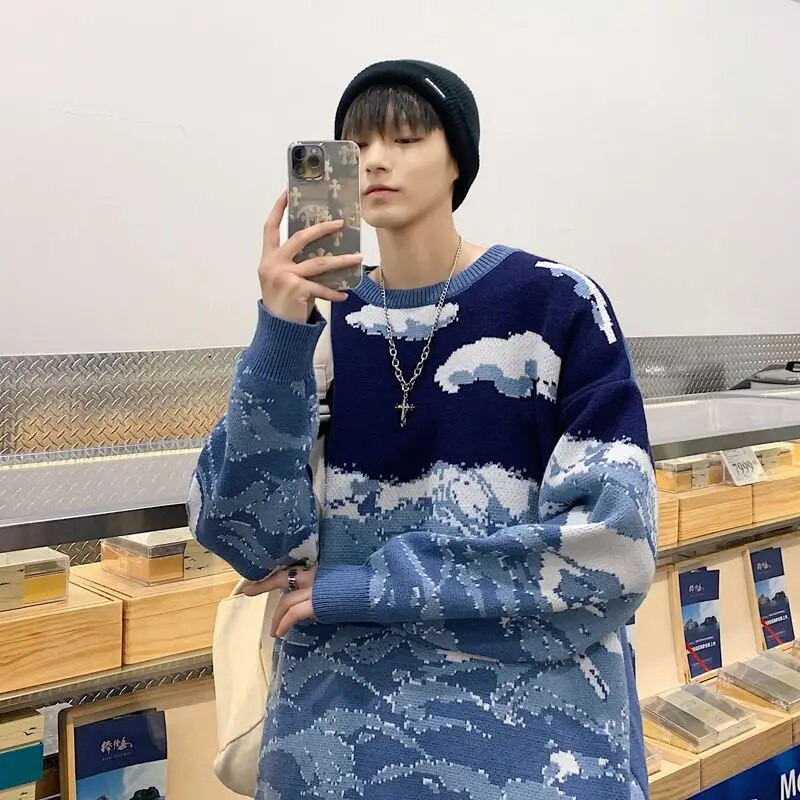 Rudens un ziemas jauni džemperi vīriešu Baiyun sniega kalnu raksta trikotāža, biezināta daudzpusīga stila pāris brīvs trikotāžas krekls