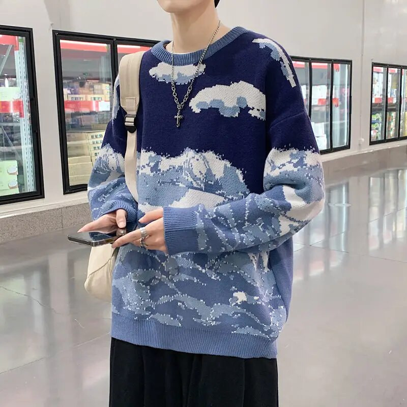 Rudens un ziemas jauni džemperi vīriešu Baiyun sniega kalnu raksta trikotāža, biezināta daudzpusīga stila pāris brīvs trikotāžas krekls