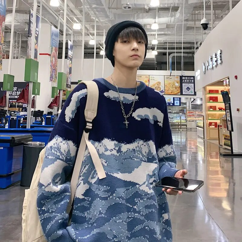 Rudens un ziemas jauni džemperi vīriešu Baiyun sniega kalnu raksta trikotāža, biezināta daudzpusīga stila pāris brīvs trikotāžas krekls