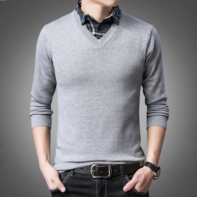 TFETTERS Plāns džemperis Vīriešu trikotāža Rudens apģērbs Modes džemperis Vīriešu viltots divdaļīgs bruņurupuču krekls apkakles drēbes M-3XL