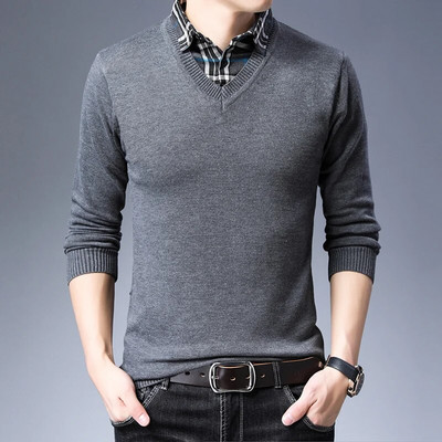 TFETTERS Plāns džemperis Vīriešu trikotāža Rudens apģērbs Modes džemperis Vīriešu viltots divdaļīgs bruņurupuču krekls apkakles drēbes M-3XL