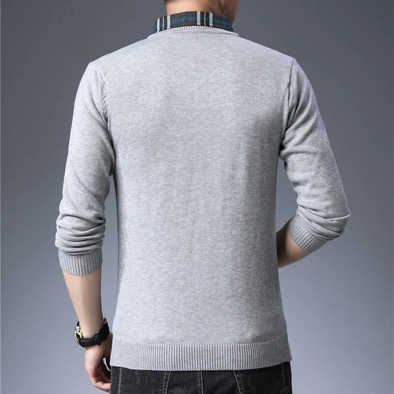 TFETTERS Plāns džemperis Vīriešu trikotāža Rudens apģērbs Modes džemperis Vīriešu viltots divdaļīgs bruņurupuču krekls apkakles drēbes M-3XL