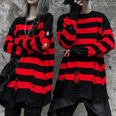 Új punk gótikus hosszú uniszex nyári női pulóver, csíkos, hideg, üreges lyukú, törött pulóver, laza szikla vékony, sötét utcai viselet felső