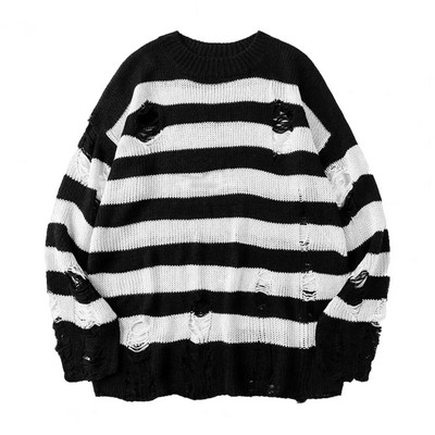 Új punk gótikus hosszú uniszex nyári női pulóver, csíkos, hideg, üreges lyukú, törött pulóver, laza szikla vékony, sötét utcai viselet felső