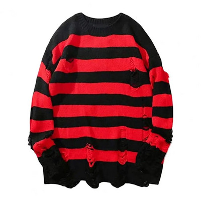 Új punk gótikus hosszú uniszex nyári női pulóver, csíkos, hideg, üreges lyukú, törött pulóver, laza szikla vékony, sötét utcai viselet felső