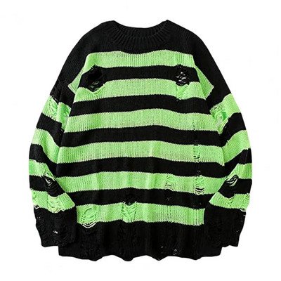 Új punk gótikus hosszú uniszex nyári női pulóver, csíkos, hideg, üreges lyukú, törött pulóver, laza szikla vékony, sötét utcai viselet felső