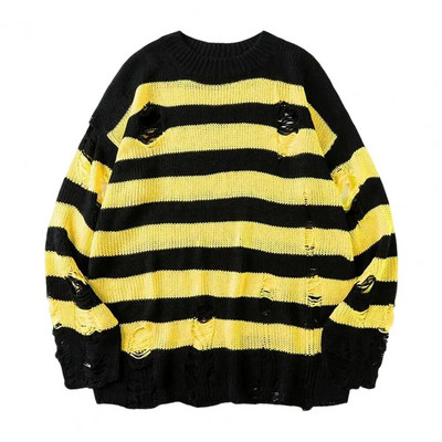 Új punk gótikus hosszú uniszex nyári női pulóver, csíkos, hideg, üreges lyukú, törött pulóver, laza szikla vékony, sötét utcai viselet felső