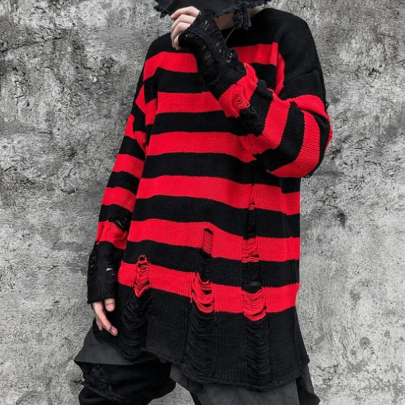 Új punk gótikus hosszú uniszex nyári női pulóver, csíkos, hideg, üreges lyukú, törött pulóver, laza szikla vékony, sötét utcai viselet felső