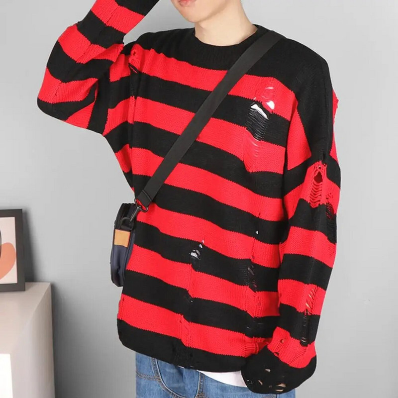 Új punk gótikus hosszú uniszex nyári női pulóver, csíkos, hideg, üreges lyukú, törött pulóver, laza szikla vékony, sötét utcai viselet felső