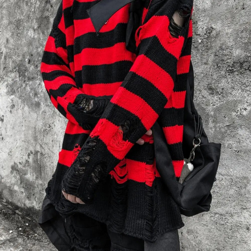 Új punk gótikus hosszú uniszex nyári női pulóver, csíkos, hideg, üreges lyukú, törött pulóver, laza szikla vékony, sötét utcai viselet felső