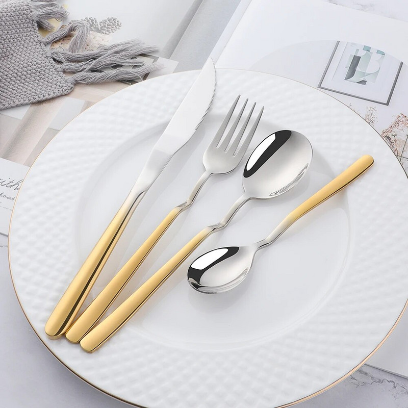 4 gab. Nerūsējošā tērauda galda piederumu komplekts V formas karotes dakšiņas vakariņu nažu komplekts Rainbow trauku komplekts Western galda piederumu ēdināšanas ballīšu serveris