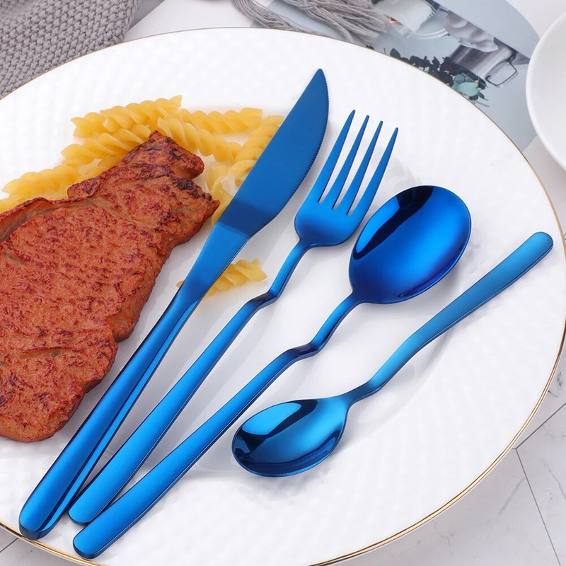 4 gab. Nerūsējošā tērauda galda piederumu komplekts V formas karotes dakšiņas vakariņu nažu komplekts Rainbow trauku komplekts Western galda piederumu ēdināšanas ballīšu serveris