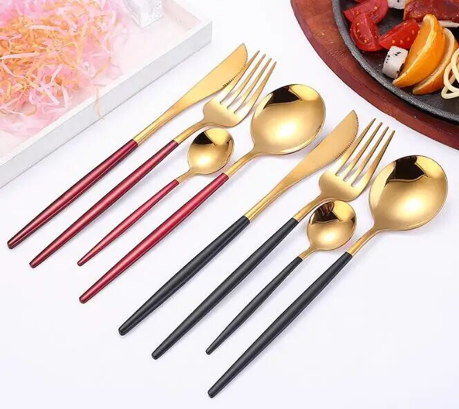 1SET Kelių spalvų stalo įrankių rinkinys Indų rinkinys Juodas stalo įrankių rinkinys Šakutė Peilis Nerūdijančio plieno Sidabrinių indų rinkinys Namų stalo įrankių rinkinys XB 043