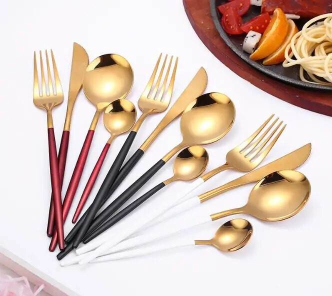 1SET Kelių spalvų stalo įrankių rinkinys Indų rinkinys Juodas stalo įrankių rinkinys Šakutė Peilis Nerūdijančio plieno Sidabrinių indų rinkinys Namų stalo įrankių rinkinys XB 043