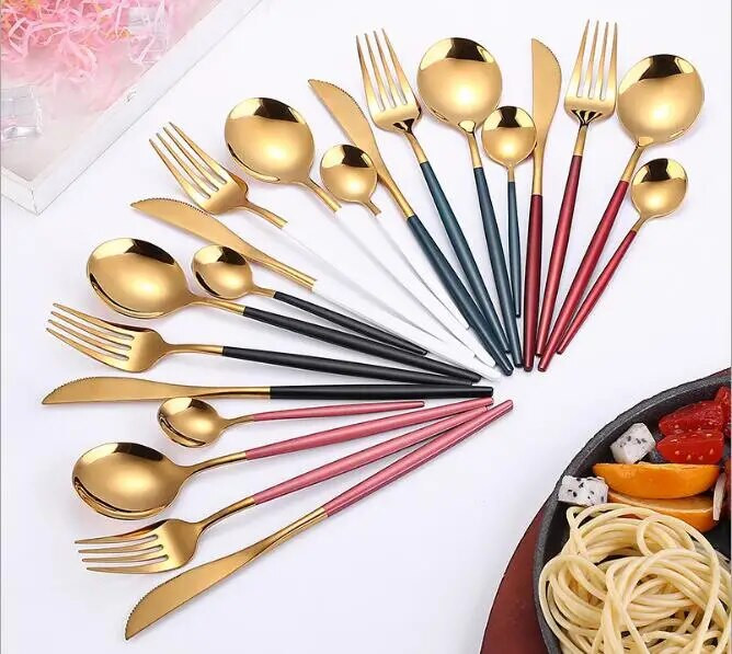 1SET Kelių spalvų stalo įrankių rinkinys Indų rinkinys Juodas stalo įrankių rinkinys Šakutė Peilis Nerūdijančio plieno Sidabrinių indų rinkinys Namų stalo įrankių rinkinys XB 043