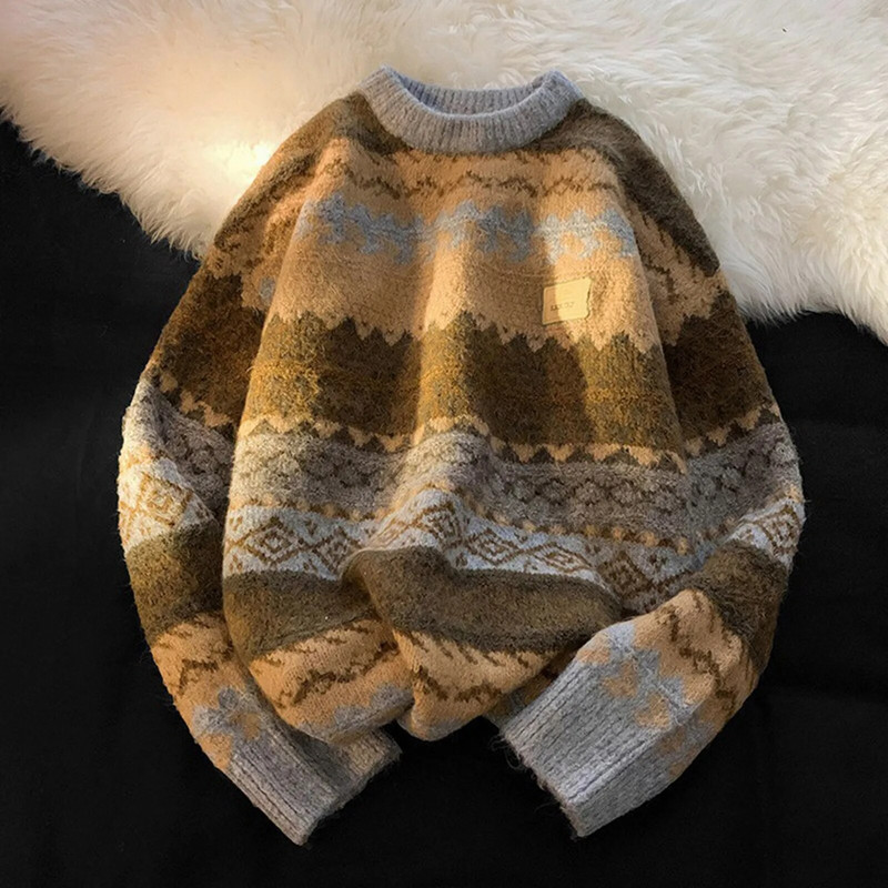 Džemperis vīriešiem Svītrains retro rudens ziemas vintage džemperis ar apaļu kaklu Pulovers Trikotāžas blūze Virsdrēbes Vintage trikotāžas krekls