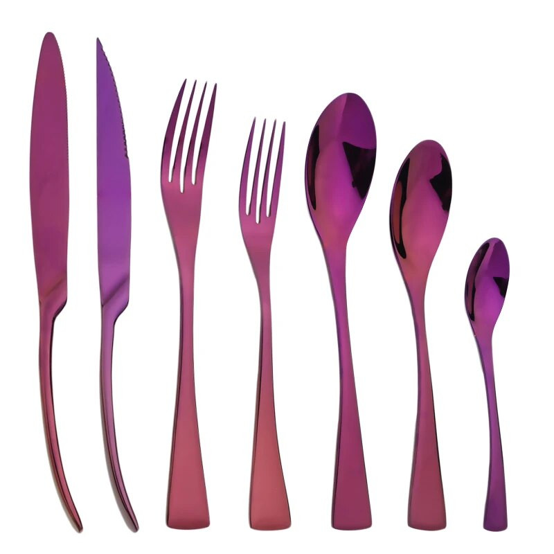 Purpursarkans galda piederumu komplekts 304 Nerūsējošā tērauda trauki ar nazi ar dakšiņu karoti trauki trauku mazgājamajā mašīnā droši sudraba trauki