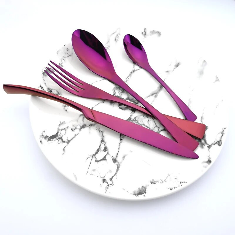 Purpursarkans galda piederumu komplekts 304 Nerūsējošā tērauda trauki ar nazi ar dakšiņu karoti trauki trauku mazgājamajā mašīnā droši sudraba trauki