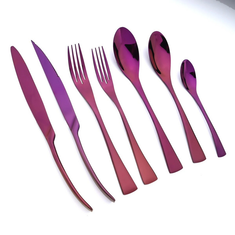 Purpursarkans galda piederumu komplekts 304 Nerūsējošā tērauda trauki ar nazi ar dakšiņu karoti trauki trauku mazgājamajā mašīnā droši sudraba trauki