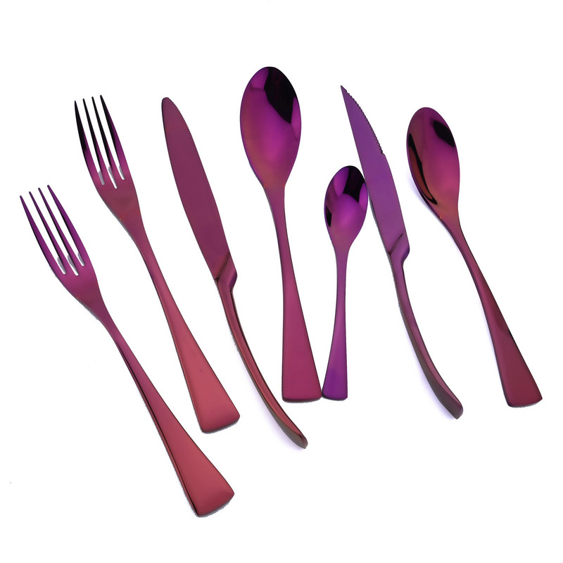 Purpursarkans galda piederumu komplekts 304 Nerūsējošā tērauda trauki ar nazi ar dakšiņu karoti trauki trauku mazgājamajā mašīnā droši sudraba trauki