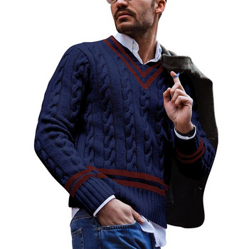 Ανδρικό πουλόβερ με πλεκτό λαιμό V, ριγέ μακρυμάνικο πουλόβερ Φθινόπωρο, Χειμώνας, Ευρωπαϊκές Αμερικανικές Άνδρες Casual Knit Top