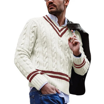 Ανδρικό πουλόβερ με πλεκτό λαιμό V, ριγέ μακρυμάνικο πουλόβερ Φθινόπωρο, Χειμώνας, Ευρωπαϊκές Αμερικανικές Άνδρες Casual Knit Top