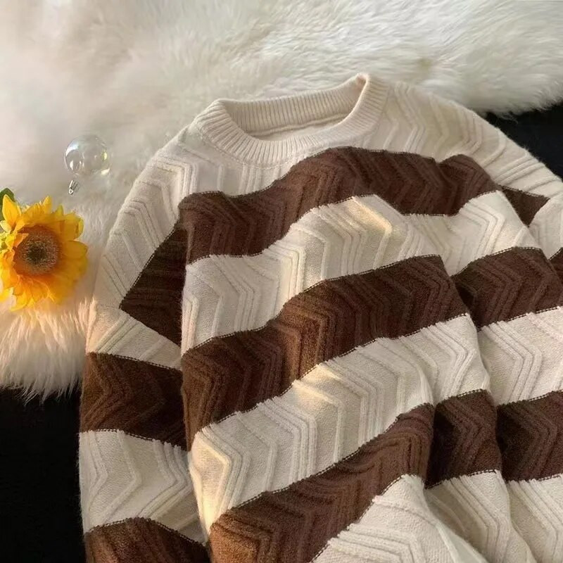 Φθινοπωρινό χειμερινό ανδρικό πουλόβερ Φαρδιά ριγέ πλεκτά νεανικά μπλουζάκια μακρυμάνικα streetwear casual ανδρικά ρούχα πουλόβερ