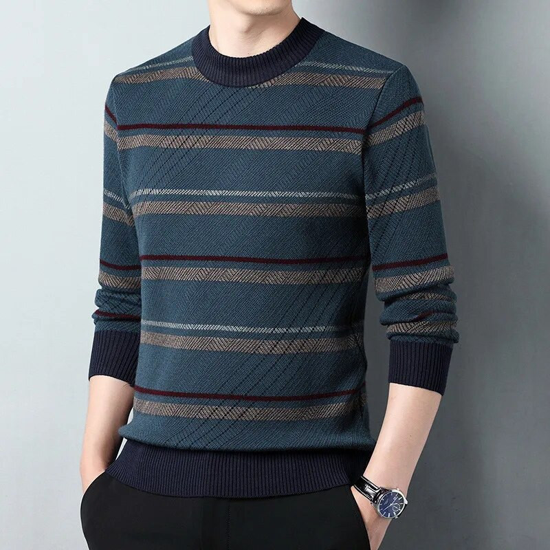 Jauns rudens ziemas dizaineru džemperis svītrains modes grezns trikotāžas apaļš kakla vīriešu silts vilnas džemperis ikdienas vīriešu apģērbs