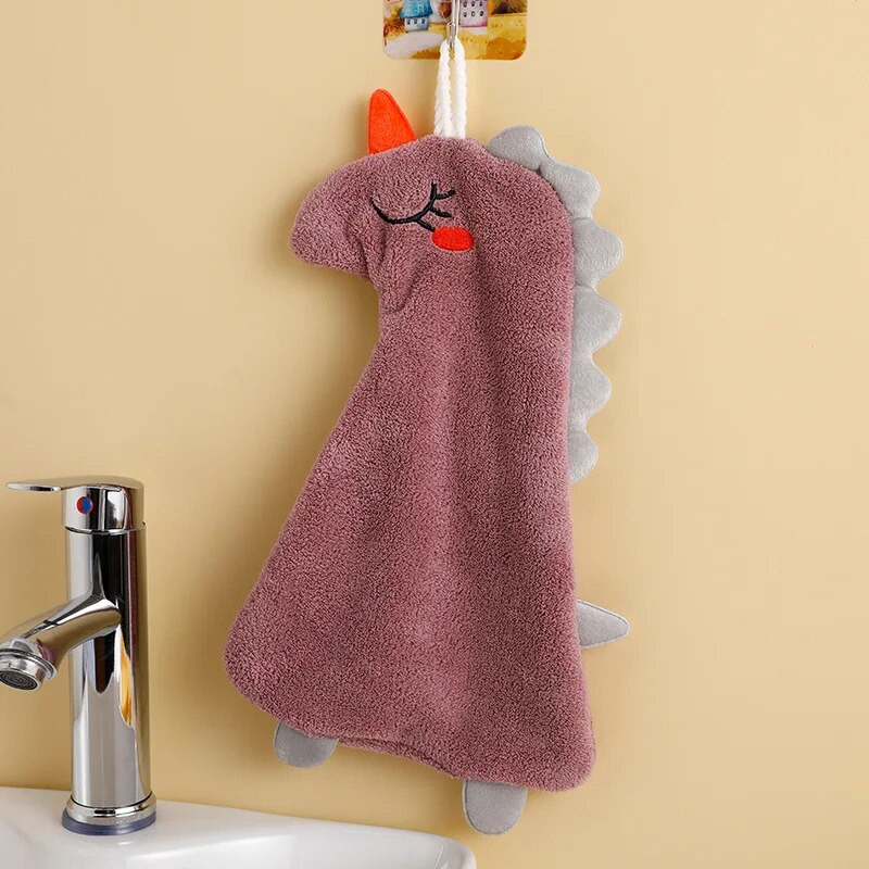 Koraļļu vilnas pakarināms biezs dvielis karikatūra dinozauru dvielis jauks absorbējošs roku dvieļi tīrīšanas auduma lupatas kabatlakats