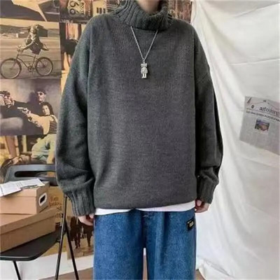 Vienkrāsains džemperis ar apkakli, 2023. gada ziemas vilnas adīti džemperi Korejas stila brīvi džemperi Lielizmēra vīriešu apģērbi Harajuku trikotāžas