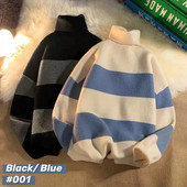 Rudens žiema dryžuotas vyriškas megztinis ilgomis rankovėmis, studentų korėjiečių mados laisvalaikio Harajuku per didelis storas megztinis