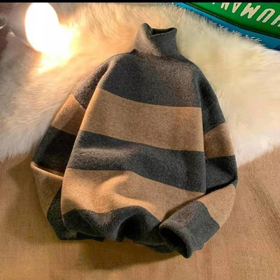 Rudens žiema dryžuotas vyriškas megztinis ilgomis rankovėmis, studentų korėjiečių mados laisvalaikio Harajuku per didelis storas megztinis