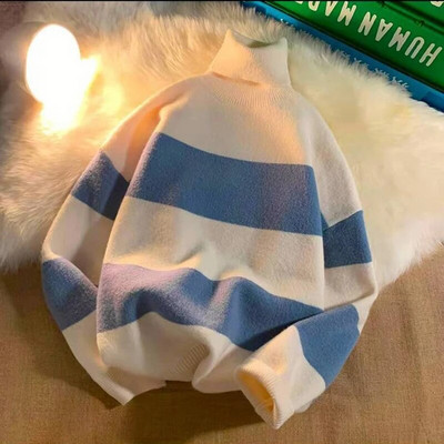 Rudens žiema dryžuotas vyriškas megztinis ilgomis rankovėmis, studentų korėjiečių mados laisvalaikio Harajuku per didelis storas megztinis